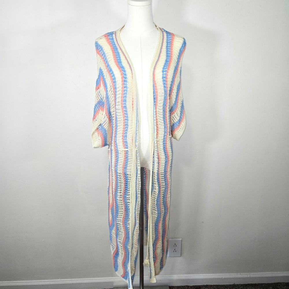 POL Duster Cardigan Womens L‎ Cream Blue Coral Wavy Stripe Open Knit YST9